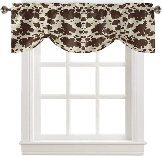 Brown Cowhide Cow Print Blackout Tie Up Valance Curtains for Kitchen Windows Graffie Window Toppers Balloon Shades for Living Room/Bathroom/Bedroom,1 Panel,42" X 12"