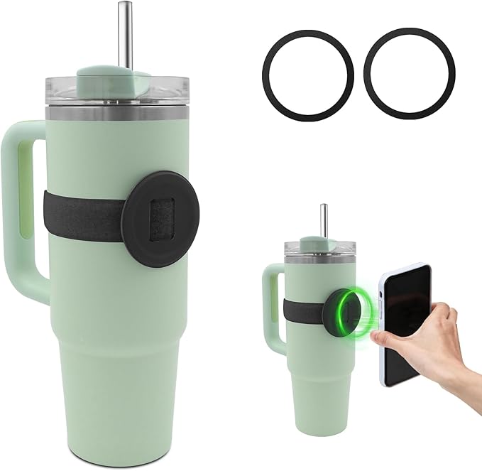 Watter Bottle with Magsafe Phone Holder, Magnetic Holder Adjustable Strap Compatible with Stanley Tumbler Cup Owala 32oz for iPhone Android Devices 2x Metal Iron Ring (Black)