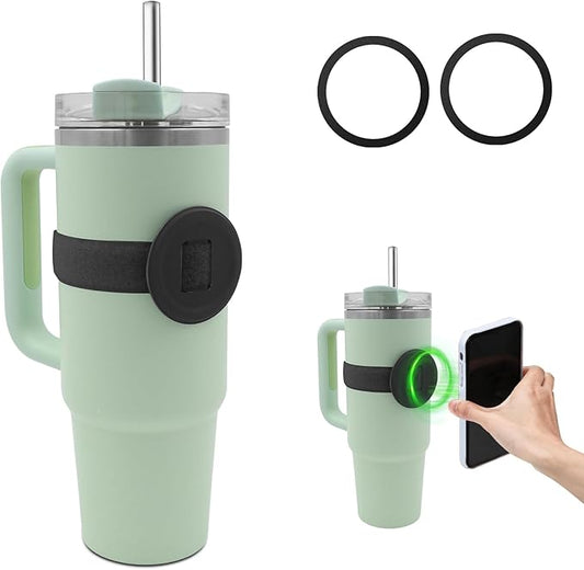 Watter Bottle with Magsafe Phone Holder, Magnetic Holder Adjustable Strap Compatible with Stanley Tumbler Cup Owala 32oz for iPhone Android Devices 2x Metal Iron Ring (Black)