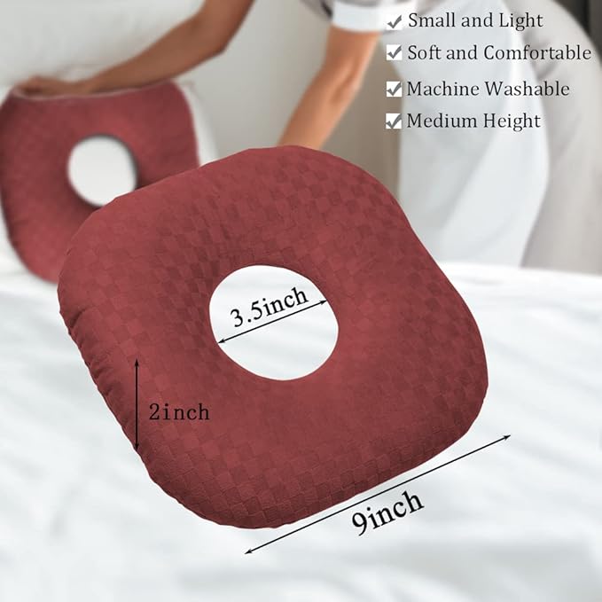 Ear Piercing Pillow for Side Sleepers, Pillow with an Ear Hole for CNH and Ear Pain Ear Inflammation Pressure Sores, O-Shaped Side Sleeping Pillow, Ear Guard Pillow(Dark Red)