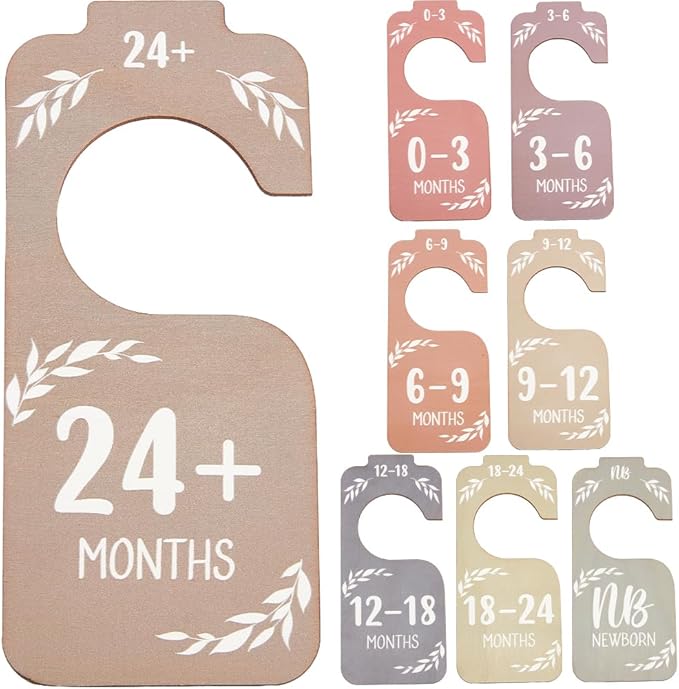 CRASPIRE 8Pcs Wooden Baby Wardrobe Dividers Multicolor Nursery Closet Organizers from Newborn to 24 Month Baby Hanger Seperaters Nursery Infant Wardrobe Hangers Divider for Newborn Shower Decor