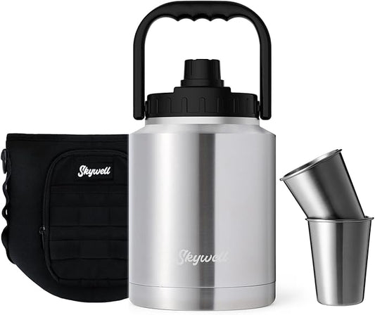 SkyWell 64 Oz Insulated Water Bottle Sleeve and Cup Kit Wide Mouth Water Flask Sweat-Proof and Leak-Proof Half Gallon Water Jug for Outdoors, Silver Kit
