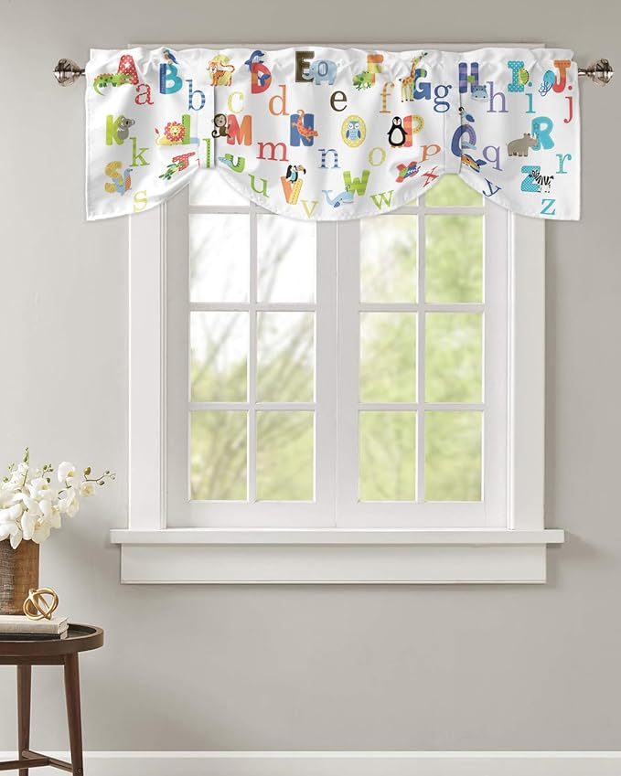 Cute Animals Alphabet for Kids Blackout Tie Up Valance Curtains for Kitchen Windows Colorful Printed Window Toppers Balloon Shades for Living Room/Bathroom/Bedroom,1 Panel,42" X 12"