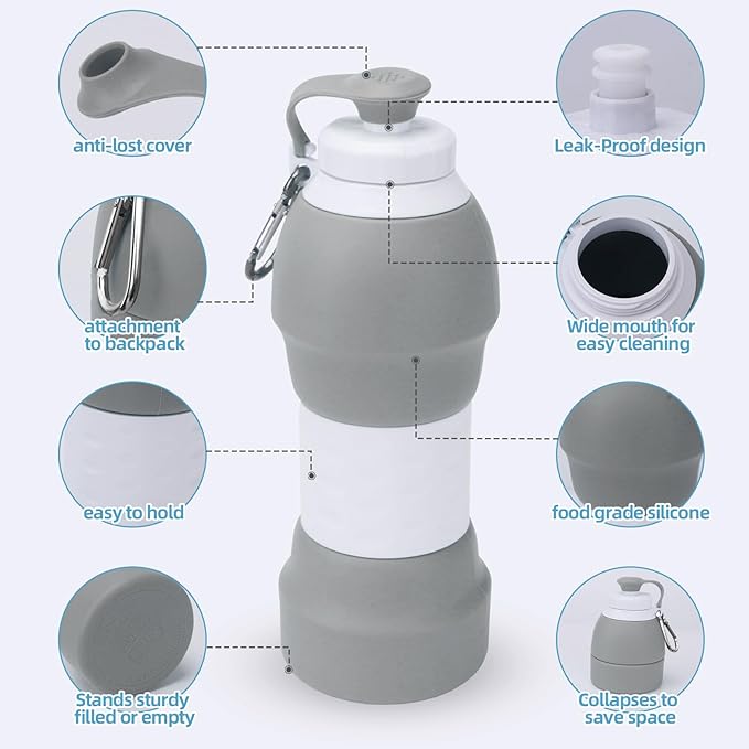 Collapsible Water Bottle, 19.6oz Leakproof Foldable BPA Free Silicone Reusable Sports Bottle, Portable Refillable Bottles with Carabiner, Ideal for Travel Hiking Outdoor Camping Gym (Gray)