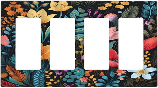 Boho Floral Vintage Flower Leaves Rustic Wildflower Plants 4 Gang Rocker Decora Light Switch Cover Outlet Covers Wall Plate Decorative Switchplate Electrical Faceplate GFCI for Country Bedroom Decor