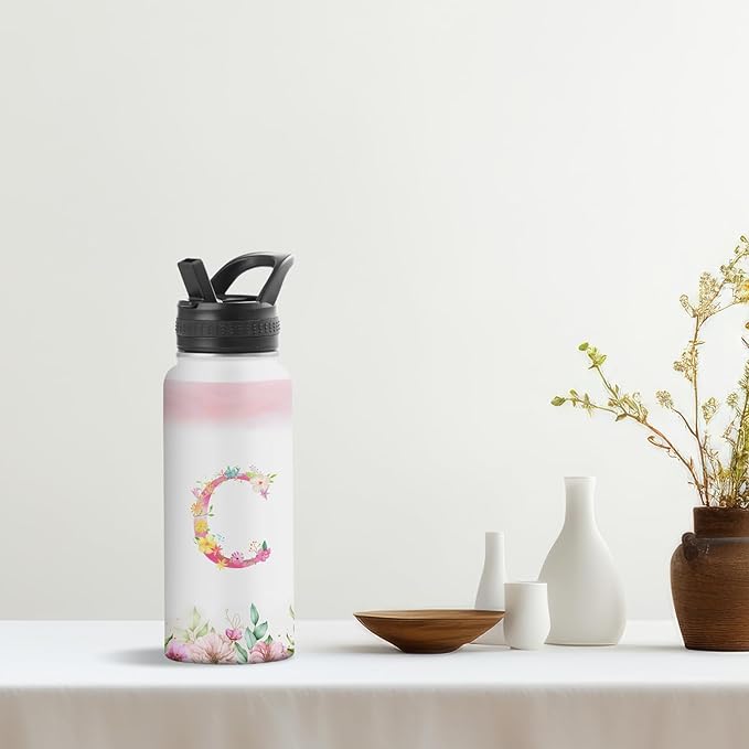 Personalized 32oz Water Bottle with Straw Customized Initial Letter Sport Bottles Monogrammed Initial Insulated Bottle Coffee Mug for Travel (C)