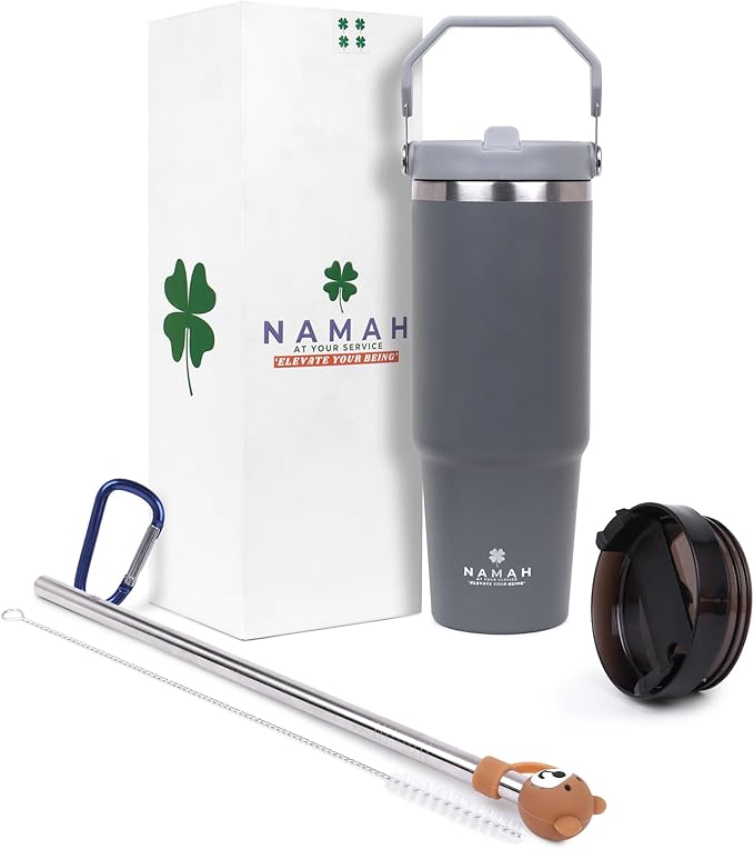 Tumbler with Handle & Extra Cloud LID – 30oz/900ml, Premium 304 Stainless Steel, Insulated Water Bottle, Leak-Proof, Steel Straw, Teddy Straw Cap, Cleaning Brush & Carabiner Hook (Stormy Slate Gray)