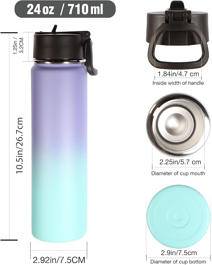Volhoply 24oz Insulated Water Bottle With Straw Bulk 4 Pack,Metal Wide Mouth Water Bottles With Handle Keep Cold,Reusable Double Wall Thermos,Powder Coated Sport Bottle For Holder(Purple Blue,4 Count)