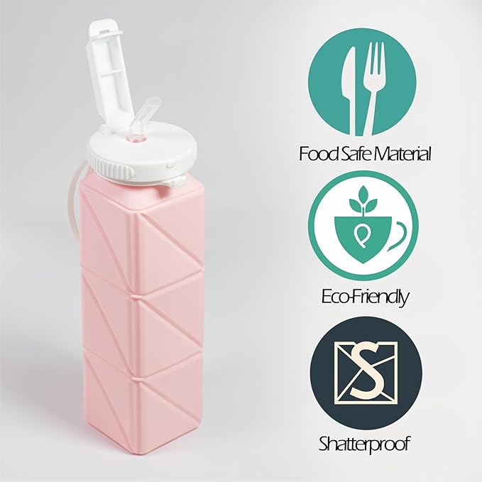 Collapsible Water Bottle, Silicone Foldable Water Bottles For Travel, Easy-To-Carry Design And Compact Size, BPA Free, 20 oz (Pink (cuboid))