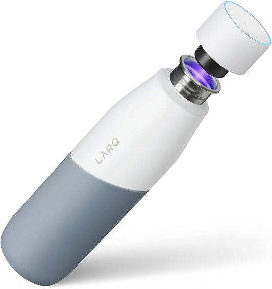 LARQ Bottle Movement PureVis 24 oz - Lightweight Self-Cleaning and Non-Insulated Stainless Steel Water Bottle with UV Water Purifier | Reusable & Travel Friendly, White/Pebble