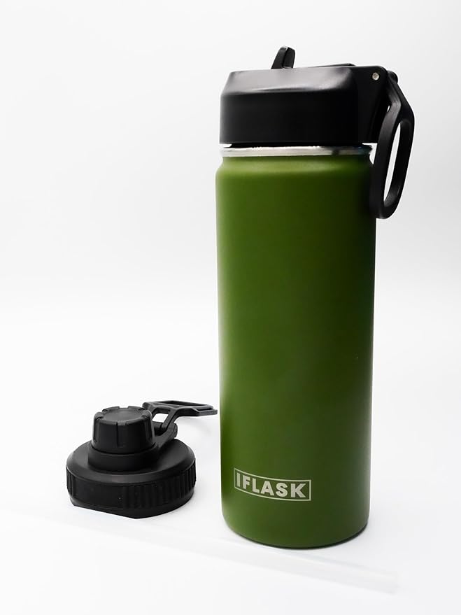 Sport Travel Outdoor Water Bottle with Spout and Straw Lids | Leak Proof | Insulated Stainless Steel Double Walled | BPA and Sweat free | Hot & Cold | For Kids Men & Women (Green, 18 oz)