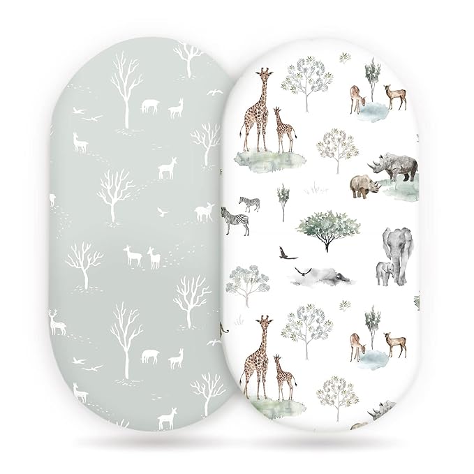Stretch Ultra Soft Fitted Bassinet Sheet Set 2 Pack, Universal Fit for Bassinets Baby Cradle Moses Basket Oval Rectangle Mattress Safe and Snug, Pretty African Savannah Animals Pattern