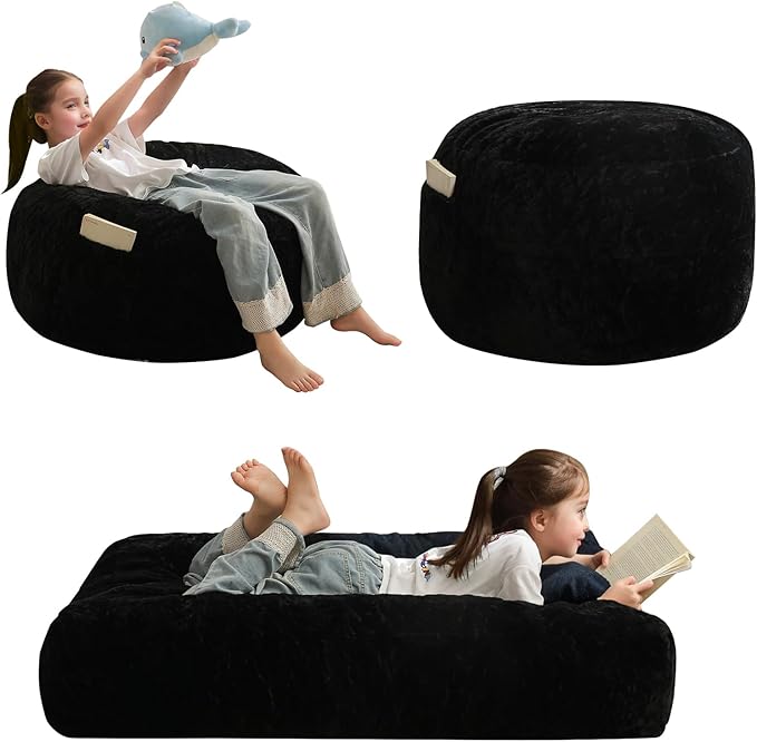 MAXYOYO Bean Bag Chair Bed for Kids, Convertible Bean Bag Folds from Lazy Chair to Floor Mattress Bed, Stuffed Floor Sofa Couch Sofa Bed for Boys and Girls, High-Density Foam Filling, Black