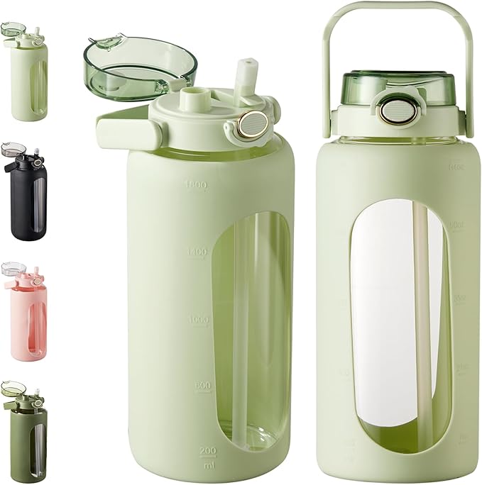 TKK 64 OZ Glass Water Bottle with Straw and Handle Half Gallon Bottle with Silicon Sleeve 2L Sports Water Bottles for Fitness, Gym, Workout - Light Green