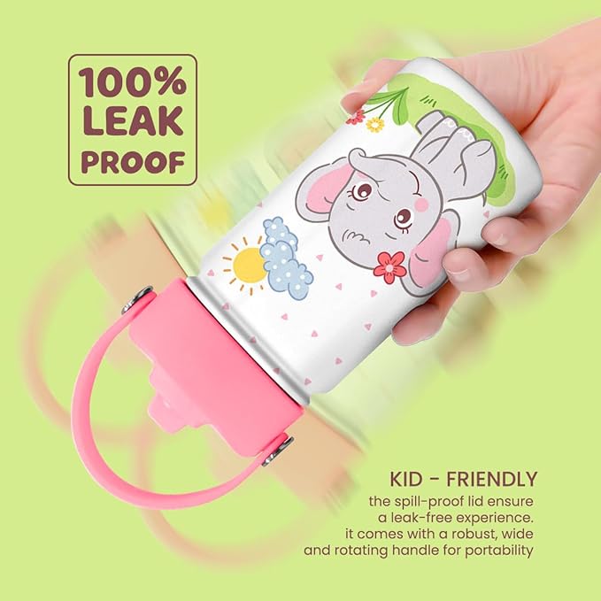 Elephant Water Bottle - Kids Water Bottle with Straw Lid - 12 Oz Insulated Stainless Steel Water Bottles for Toddlers Kid Girl - Travel Cup for School Sports