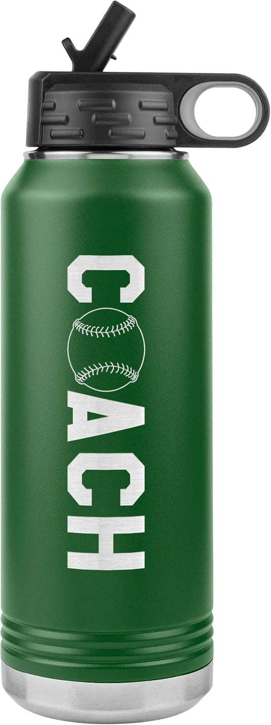 Baseball Coach Water Bottle - 32oz Insulated Engraved Stainless Steel Flip Top with Straw Baseball Coach Gift Green