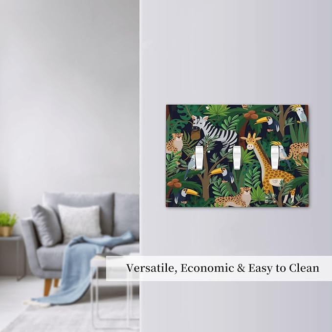 Cartoon Animal Zebra Leopard Giraffe Bird Leaf 3 Gang Nursery Light Switch Covers Decorative Triple Toggle Wall Plate Electrical Faceplate Switchplate for Kidroom Bedroom Decor