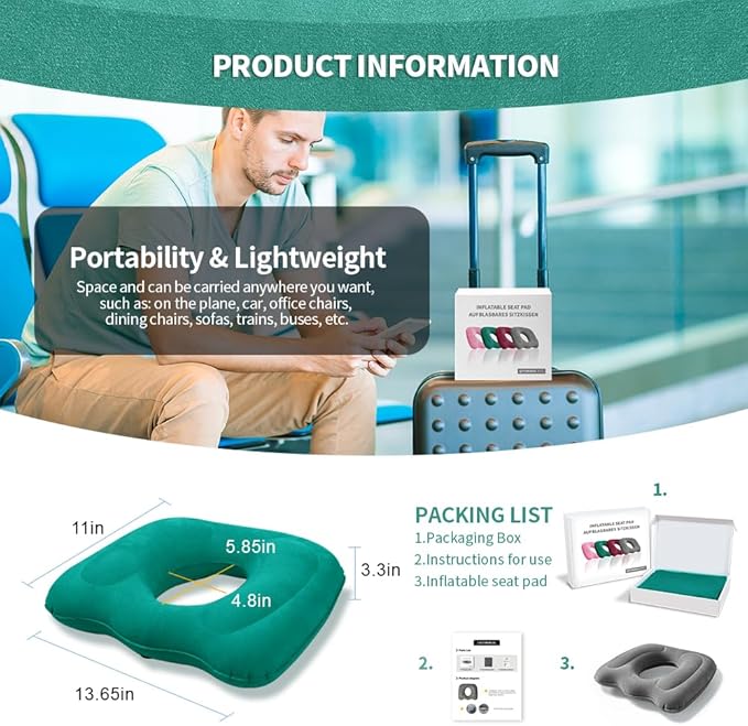 Inflatable Donut Pillow,Hemorrhoid Cushion- Excellent for Tailbone, Prostate, Sciatica, Bed sores, Postpartum Pregnancy, Post-Surgical Pain-Orthopedic Firm seat Cushion for Home, Office or car (green)