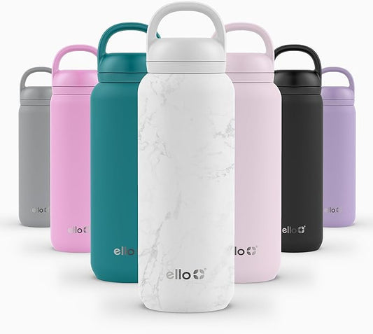 Ello Cooper Twist 32oz Stainless Steel Water Bottle with Chug Lid | Leak Proof | Double Walled and Vacuum Insulated | Built in Carry Loop | Dishwasher Safe | White Marble
