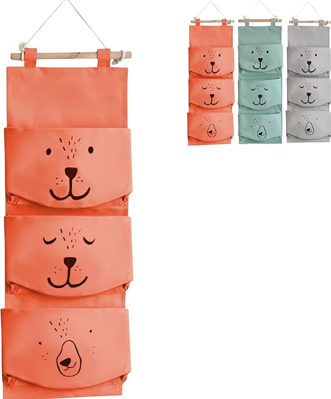 Large Wall Hanging Organizer with 3 Storage Pockets-Space saver for Playroom, Bedroom, Baby Nursery, Bedside, Closet. Cute animal print cubby caddy. Waterproof, Travel Friendly
