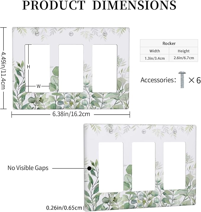 Green Eucalyptus Rustic Botanical Plant Leaves 3 Gang Rocker Boho Light Switch Covers Decorative Triple Outlet Wall Plate Cover Faceplate Decorative Switchplate GFCI for Country Bedroom Decor