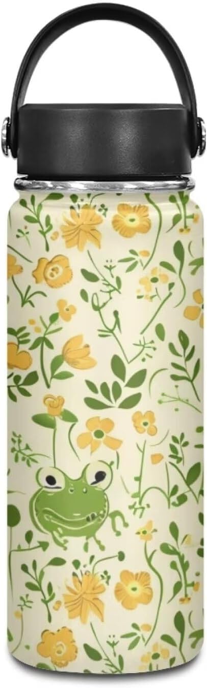 Cute Frog Insulated Water Bottle with Handle 18Oz Stainless Steel Double-Walled Thermos For Cold Drinks For Hot Beverages Vacuum Insulated Reusable Bottle