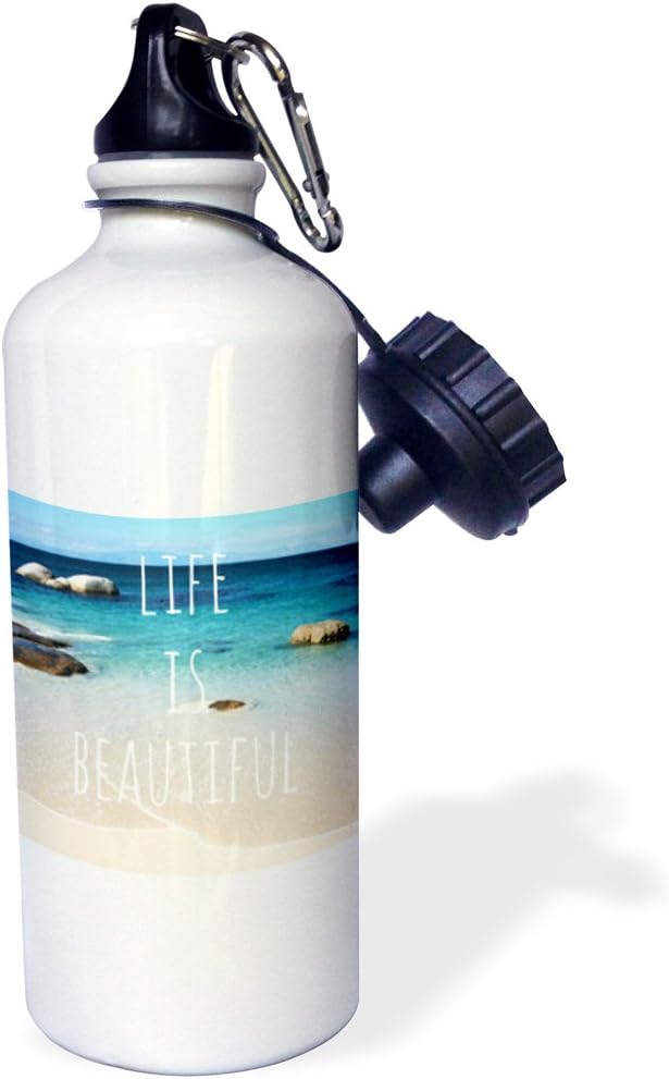 3dRose "Life is Beautiful-Positive affirmations-Inspiring nature-Beach photography-words saying" Sports Water Bottle, 21 oz, White