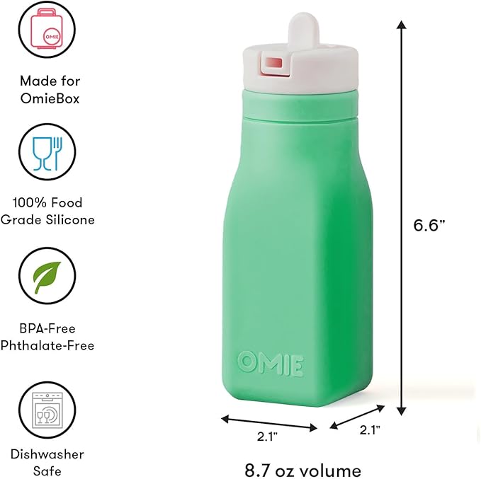 Omie OmieBox Reusable Silicone Water Bottle - 8.7 oz, Straw Top, BPA-Free & Phthalate-Free, Leak-Proof (Green)