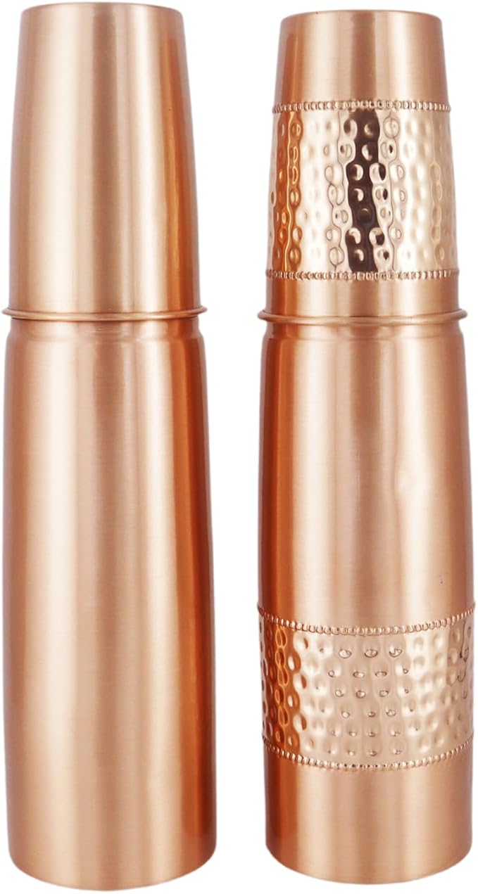Set of 2 Copper Water Bottles With Copper Tumblers For Ayurveda Health Benefits 1000 Ml Capacity