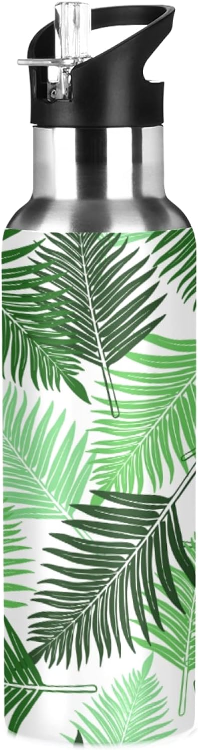 Qilmy Black and White Leopard Water Bottle Vacuum Insulated Stainless Steel Water Bottles with Straw Lid Leakproof Wide Mouth Water Flask for Fitness Outdoor Sports, 20 oz