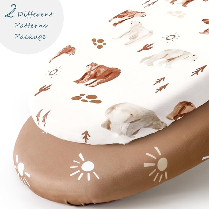 GRSSDER Stretchy Ultra Soft Bassinet Sheet 2 Pack, Universal Fit for Bassinets Baby Cradle Moses Basket Oval Rectangle Mattress or Changing Table Pad Safe and Snug, Stylish Print of Sunny Bear