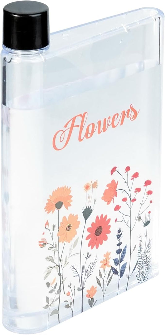 Flat Water Bottle 420ml,Plastic Portable Flat Water Bottle for Purse,Square Water Bottle Flat for Sports Gym Fitness Outdoor,Flower