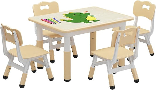 Kids Table and Chair Set, Height Adjustable Toddler Table and 4 Chairs Set for Ages 2-10, Graffiti Desktop, Non-Slip Legs, Arts & Crafts Table, Children Activity Table for Daycare Classroom Home