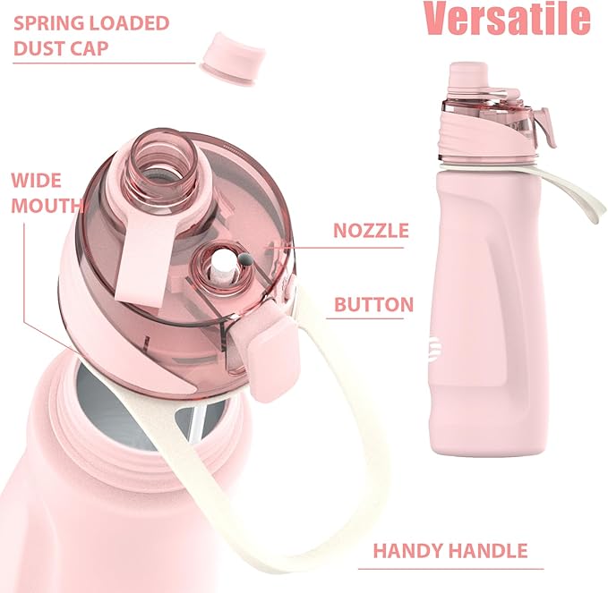 Misting Water Bottle, 24oz Insulated Water Bottle, 2-in-1 Mist & Sip Stainless Steel Water Bottles, Thermo for Hot Drinks/Cold Drinks, Sports Water Bottle for Hiking, Running, Gym, Light Pink