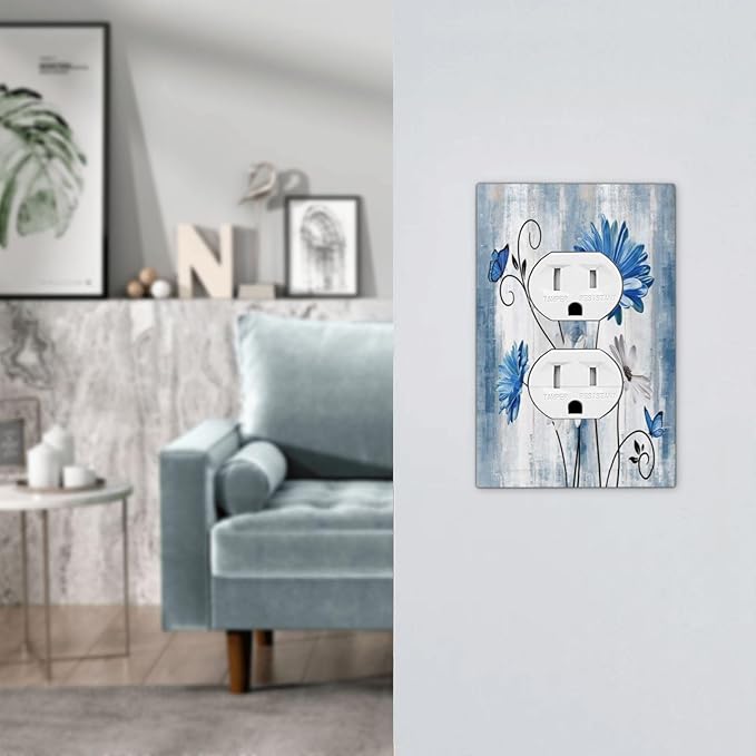 Rustic Teal Blue Daisy Floral Single Duplex Wall Plate Covers Light Switch Cover 1 Gang Outlet Plate Decorative Switchplate Covers Electrical Faceplate for Country Bathroom Bedroom Kitchen Decor