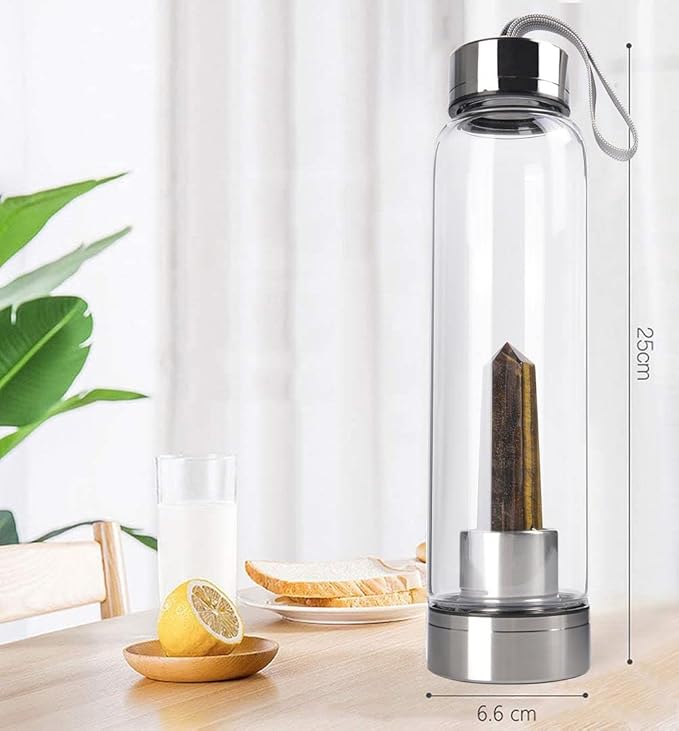 Crystal Glass Water Bottle, Glass Water Bottle with Changeable Natural Crystal Center, Quartz Gemstone Water Bottle for Natural
