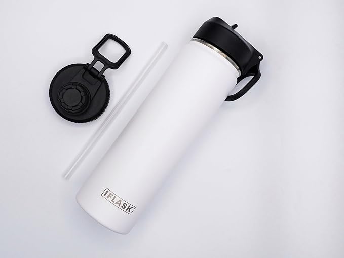 Sport Travel Outdoor Water Bottle with Spout and Straw Lids | Leak Proof | Insulated Stainless Steel Double Walled | BPA and Sweat free | Hot & Cold | For Kids Men & Women (White, 22 oz)