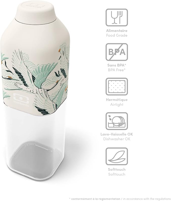 MONBENTO - Clear Reusable Water Bottle MB Positive M graphic Destiny - 17 floz/500 ml Water Bottle Perfect for Work, Travel, Sport, Picnic - Compact, Leakproof BPA Free Water Bottle - Japanese Pattern
