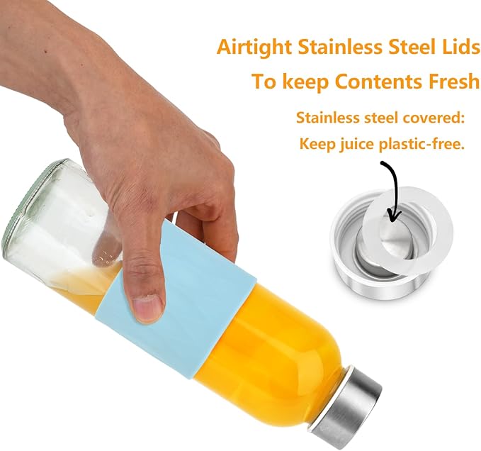 Clear Glass Water Bottles with Silicone Sleeve and Lids 18 oz, Reusable Glass Juice Bottles with Stainless Steel Airtight Cap for Juicing, Leak Proof Drinking Bottles, BPA Free, Set of 6