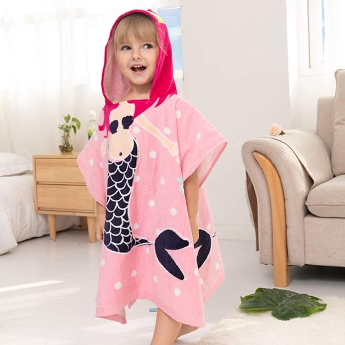 TONWHAR Kids Bath/Pool/Beach Hooded Poncho Towel-Cartoon Animal Pattern Cotton Beach Towel for Baby and Kids (Mermaid, 5-9 Years/Height:43.3"-51.2")