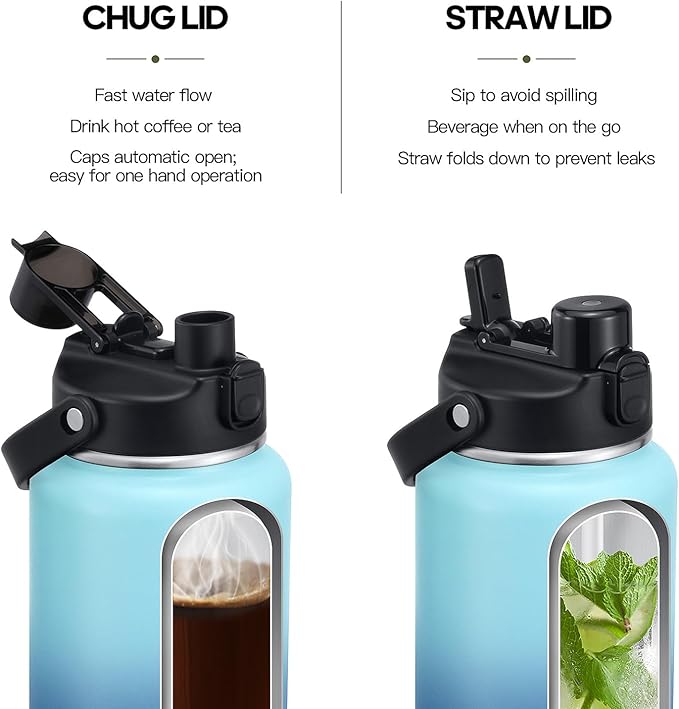 Half Gallon Insulated Water Bottle with 2-in-1 Lid (Chug Lid/Straw Lid), 40/64oz Double Walled Vacuum Stainless Steel Water Bottles, Water Jug with Straw