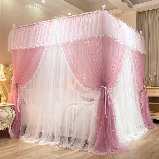 Mengersi Canopy Bed Curtains with Lights,4 Corner Bed Canopy Royal Luxurious Bed Drapes Netting,Princess Bed Curtains for Girls Adults Bedroom Decoration (Pink, California King)