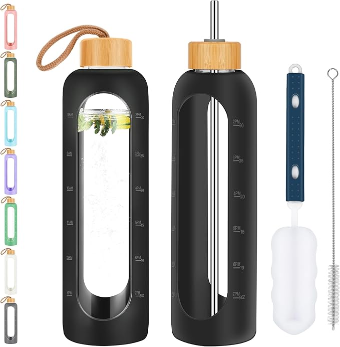 Glass Water Bottles 32 oz - 32 ounce Glass Drinking Bottle with 2 Bamboo Lids Time Marker and Silicone Sleeve, 1 Liter Wide Mouth Motivational Glass Water Bottle with Straw for Travel Daily Intake