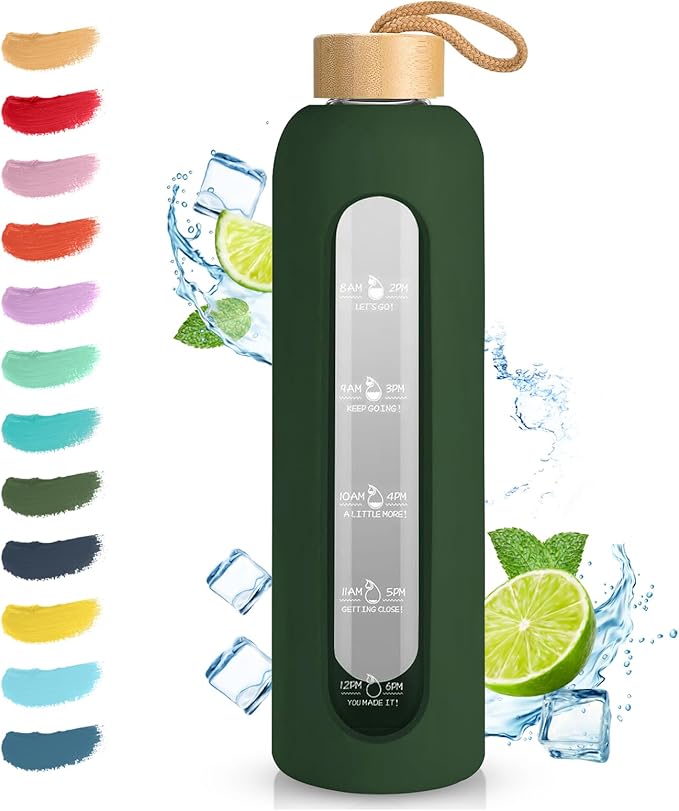 Sursip 32 oz Glass Water Bottle with Time Marker,1 Liter BPA-Free Reusable Motivational Water Bottle with Non-Slip Silicone Sleeve and Bamboo Lid, Ice Cube Tray, Leak-Proof, Dishwasher Safe