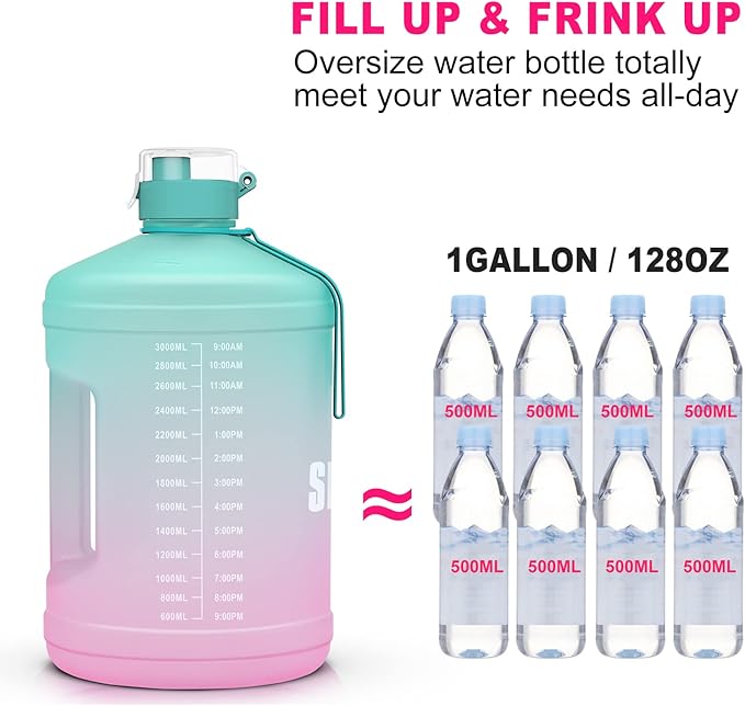 Gallon Big Water Bottle with Handle, 128oz Leakproof BPA Free Fitness Sports Water Bottle with Motivational Time Marker & Wide Mouth Ensure You Drink More Water