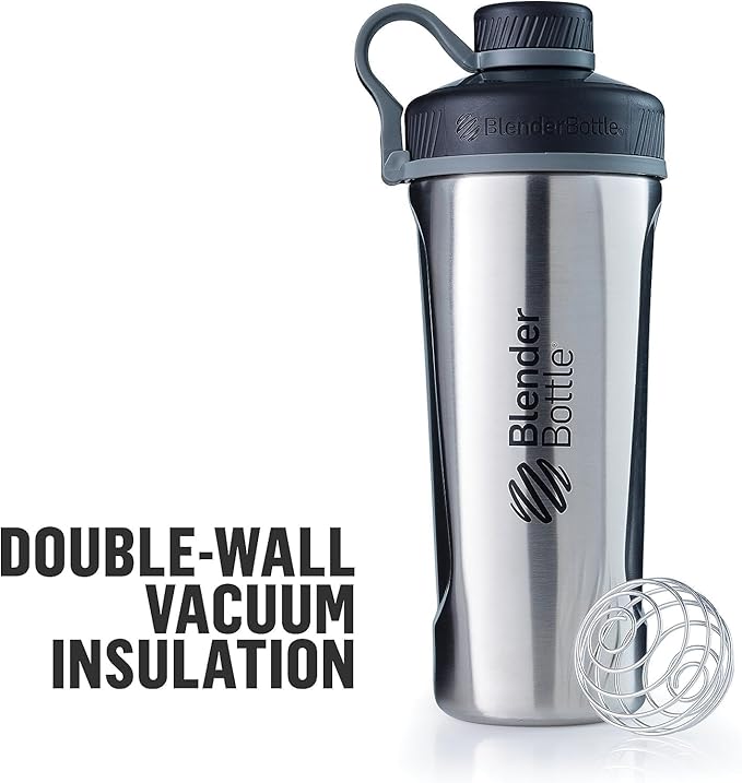 BlenderBottle Radian Shaker Cup Insulated Stainless Steel Water Bottle with Wire Whisk, 26-Ounce, Matte Black