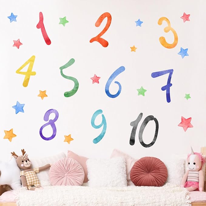 Mfault Watercolor Arabic Numbers 1-10 Learning Wall Decals Stickers, Educational Counting Stars Nursery Classroom Decorations Bedroom Playroom Art, Neutral Toddlers Kids Children Room Daycare Decor