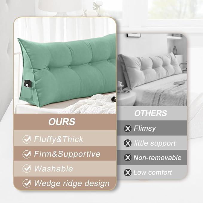 Large Triangular Headboard Pillows Long Backrest Positioning Support Bolster Cushion for Daybed Fluffy Quality Plush Body Wedge Pillow with Removable Cover(Light Green-Cal King-71x8x20 in)