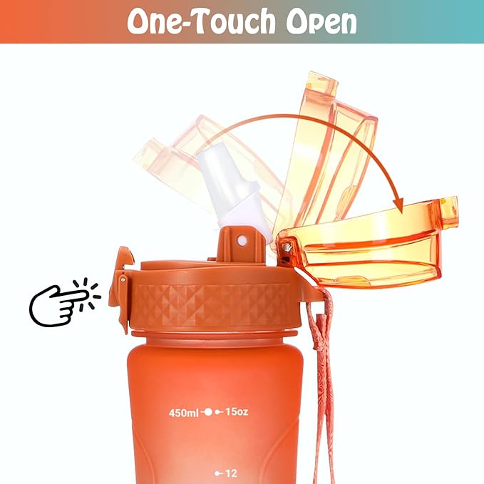 OLDLEY Replacement Straw Lid for 15 oz Water Bottle, Leakproof Spillproof Dustproof One-Click Open Cap with Carry Strap