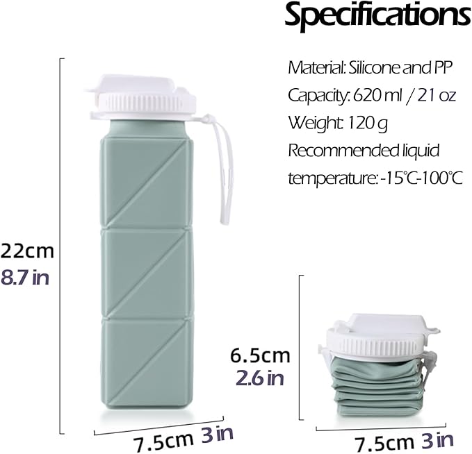 Collapsible Water Bottle, Silicone Foldable Water Bottles For Travel, Easy-To-Carry Design And Compact Size, BPA Free, 20 oz (2-Pack, Green & Gray (Cuboid))